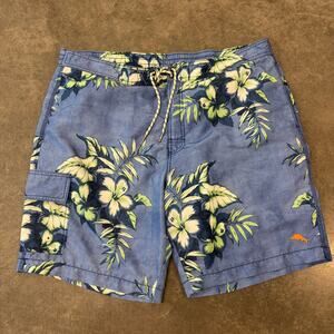 Tommy Bahama Relax Floral Tropical Surf Blue Hawaiian Swim Trunks Shorts XL